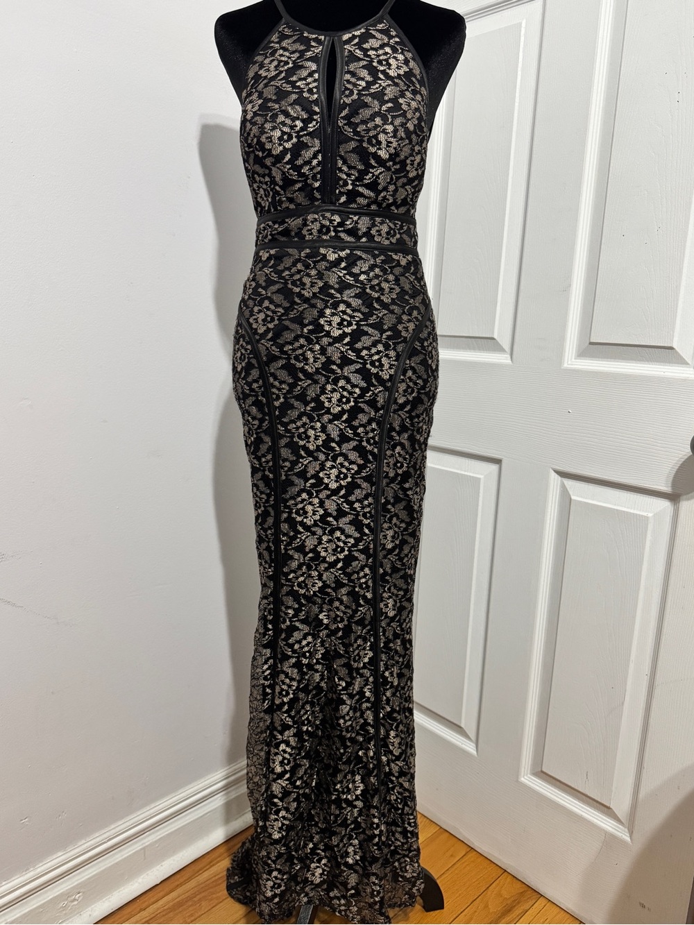 Xscape Black and Nude Lace Halter-Style Maxi Dress